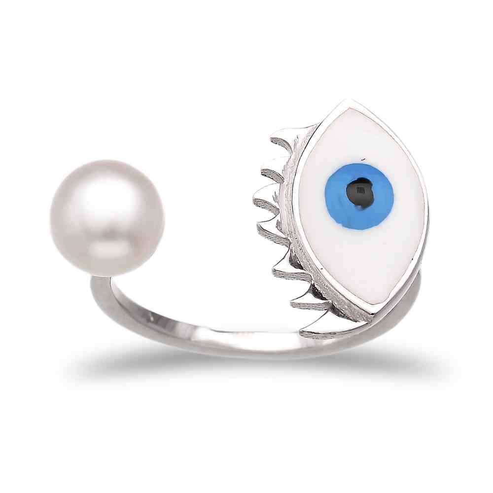 Pearl Turkish Wholesale Handcrafted Adjustable Evil Eye Silver Ring
